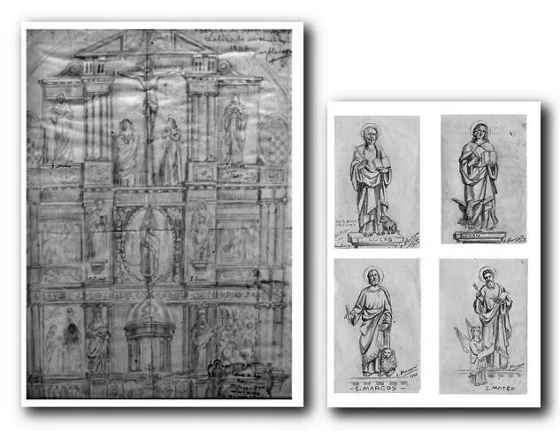 <i>Bocetos del retablo actual realizado en 1945 por el pintor pegalajeño Juan Almagro López (1886 – 1965)</i>