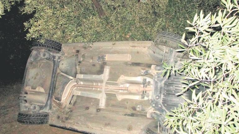 Un automóvil acaba volcado en un olivar Un automóvil acaba volcado en un olivar