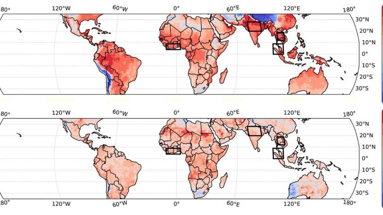 Mapas de los trópicos con las temperaturas máximas anuales de bulbo húmedo predichas por los autores para el próximo verano. / Yi Zhang, Uc Berkeley. 
