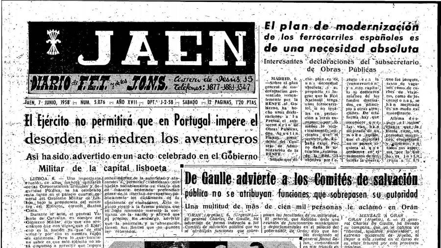 <i>Titular y texto de portada de Diario JAÉN del 7 de junio de 1958. / Archivo Histórico de Diario JAÉN.</i> $!<i>Titular y texto de portada de Diario JAÉN del 7 de junio de 1958. / Archivo Histórico de Diario JAÉN.</i>