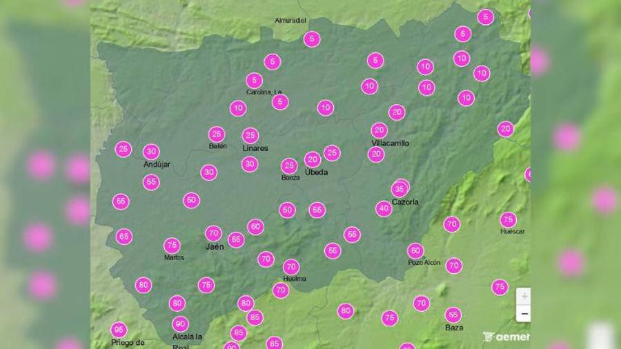 <i>Probabilidad de precipitación en la provincia de Jaén, para el domingo 26 de octubre, entre las 18:00 y las 00:00 horas. / Aemet.</i> <i>Probabilidad de precipitación en la provincia de Jaén, para el domingo 26 de octubre, entre las 18:00 y las 00:00 horas. / Aemet.</i>
