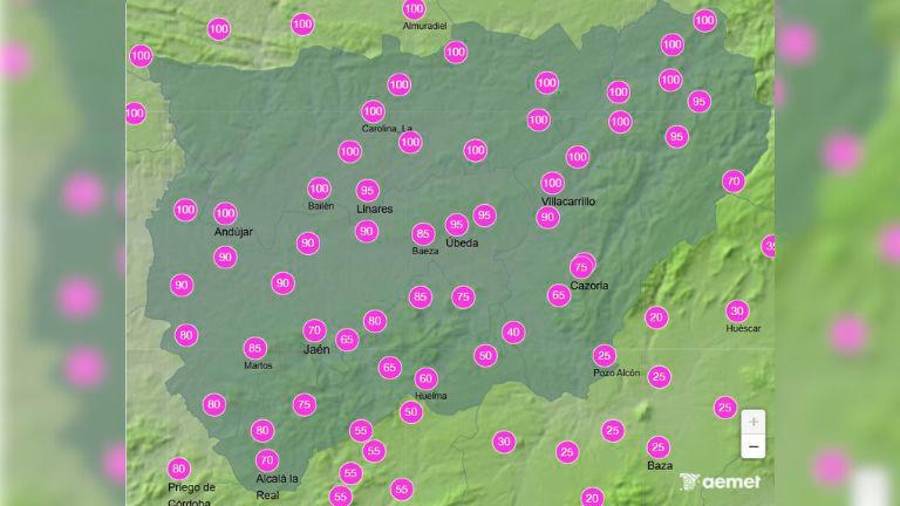 <i>Probabilidad de precipitación en la provincia de Jaén, para el domingo 26 de octubre, entre las 06:00 y 12:00 horas. / Aemet.</i> <i>Probabilidad de precipitación en la provincia de Jaén, para el domingo 26 de octubre, entre las 06:00 y 12:00 horas. / Aemet.</i>