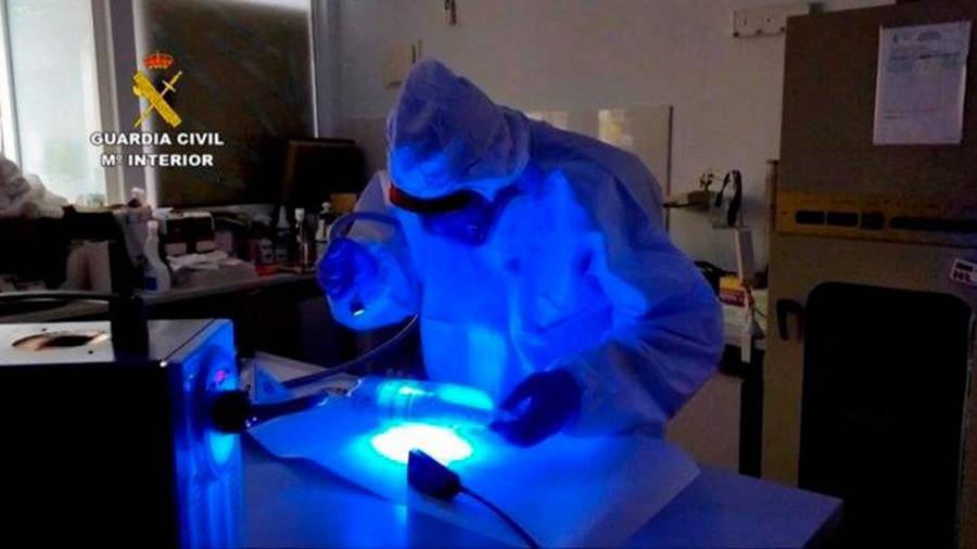 <i>Un investigador realiza su labor a raíz de un cadáver hallado en estado semicarbonizado en una antigua finca agrícola de la provincia de Sevilla. / Guardia Civil. </i> <i>Un investigador realiza su labor a raíz de un cadáver hallado en estado semicarbonizado en una antigua finca agrícola de la provincia de Sevilla. / Guardia Civil. </i>