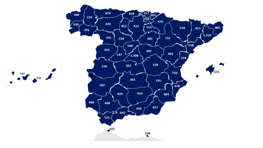 <i>Mapa con la estimación de mínima de familias a alcanzar en cada provincia. / Cruz Roja.</i> <i>Mapa con la estimación de mínima de familias a alcanzar en cada provincia. / Cruz Roja.</i>