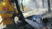 AGOSTO DE 2017. Un agente forestal refresca una zona afectada por las llamas.