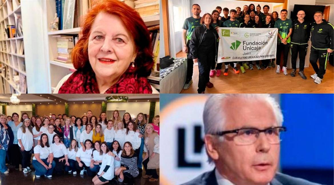 Cuatro personalidades y colectivos que se reconocen hoy: arriba, Baltasar Garzón y deportivas y directivos del Unicaja Jaén Paraíso Interior; abajo, empleadas de Macrosad en un área comarcal de la provincia y la escritora linarense Fanny Rubio.