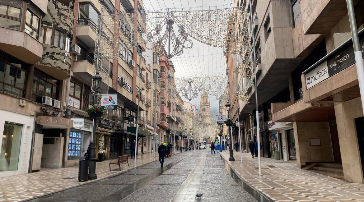 Imagen tomada en estos días previos a la Noche de San Antón 2026, con el suelo mojado de la calle Bernabé Soriano y el cielo de la capital cubierto de nubes. / Diario JAÉN.