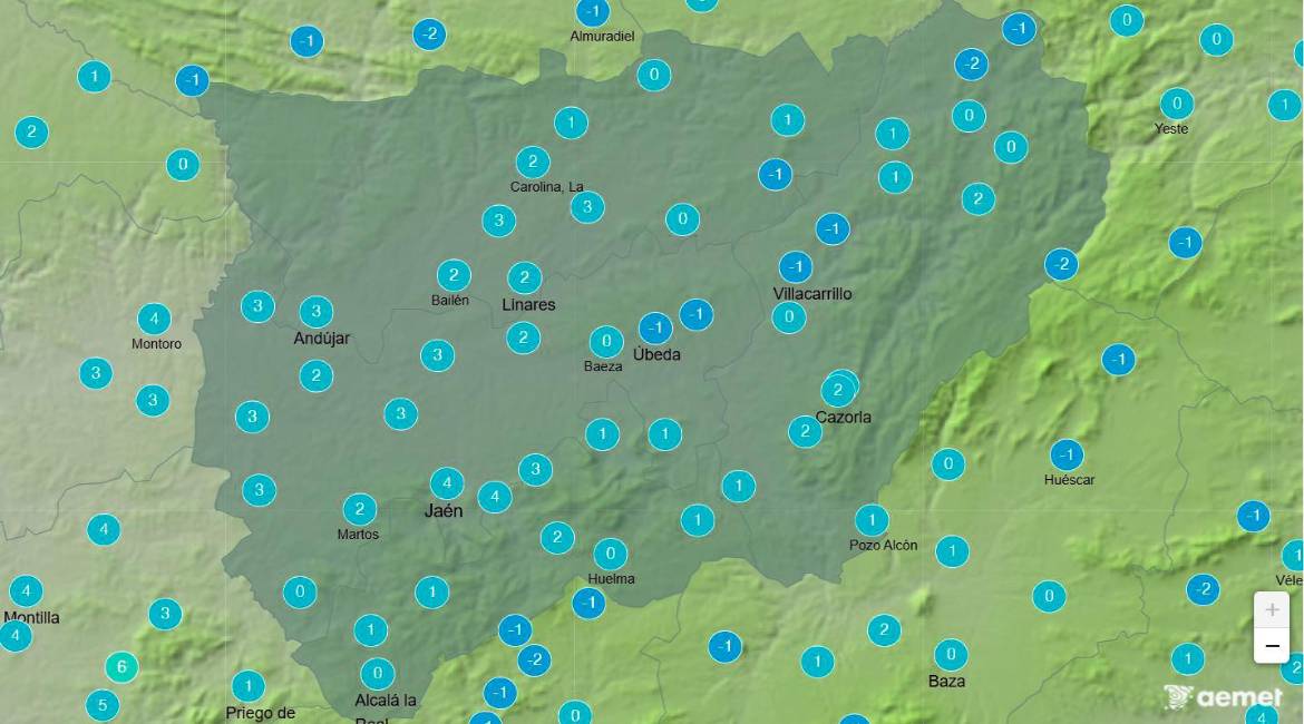 Mapa de las temperaturas que se prevén a las 08:00 horas del sábado, 22 de noviembre, en la provincia de Jaén. / Aemet.