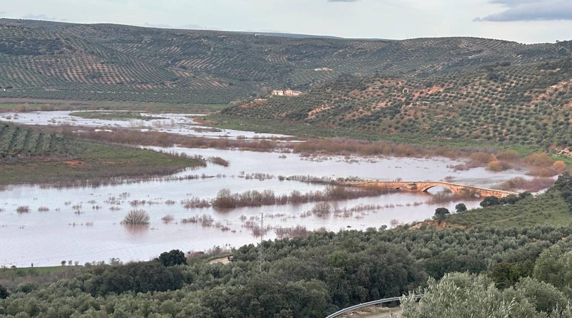 La crecida del embalse del Giribaile hace que el cauce del río Guadalimar desaparezca, al igual que está desapareciendo bajo las aguas el Puente Ariza, obra del arquitecto renacentista Andrés de Vandelvira. / Miguel Ángel Vega / Diario JAÉN.