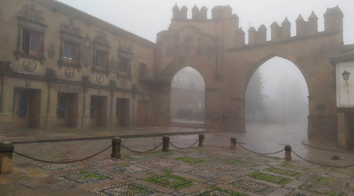 Estampa de niebla en la Plaza de los Leones, en Baeza. / Diario JAÉN.