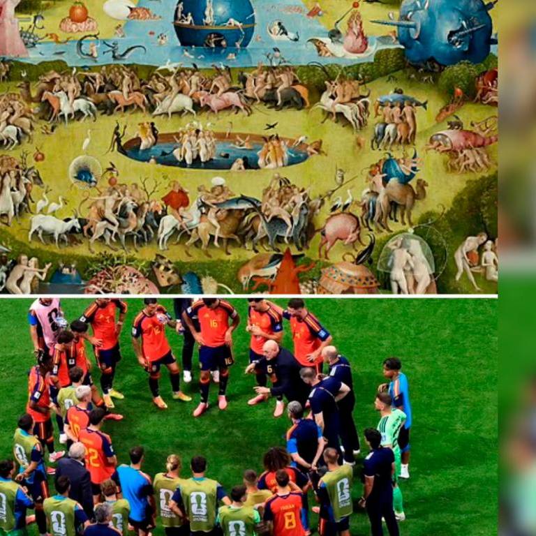 <i>Arriba el Jardín de las Delicias, obra de El Bosco y abajo la Selección Española de Fútbol en el día de la final del Mundial. / Museo del Prado. </i>