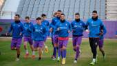 PREPARACIÓN. Parte de la plantilla del Real Jaén, durante el entrenamiento del pasado viernes sobre el césped de La Victoria.