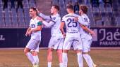 Javi Moyano celebra el gol marcado al Lorca junto con Agus Alonso, Pedro Fernández y Mauro. / Miranda López/ Real Jaén.