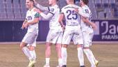 Javi Moyano celebra con sus compañeros el gol marcado ante el Lorca. / Miranda López / Real Jaén.