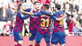 VICTORIA. Griezmman, Sergi Roberto, Ansu Fati y Leo Messi celebran el segundo gol del Barcelona.