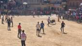 Jóvenes aficionados recortan a la vaquilla en el primer desencajonamiento de reses de San Marcos en Arroyo del Ojanco. / Álex Gómez / Diario JAÉN. 