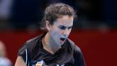 Sara Ramírez celebra un punto en un partido con la selección española de tenis de mesa.