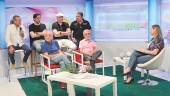 ONDA JAÉN. Luismi Peláez, David Navarro, Rogelio Rojas y Antono Molinero arrIba, con Ángel Jacinto y Pepe Díaz, en la entrevista con Marisi Ruiz. 