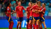 Las jugadoras de España celebran uno de sus goles ante Bélgica en la Eurocopa de Suiza de 2025. / RFEF.
