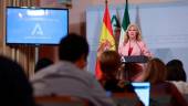 La consejera de Economía, Hacienda y Fondos europeos y portavoz del Gobierno andaluz, Carolina España, este miércoles. / Europa Press. 