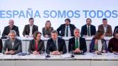 Juan Bravo, Cuca Gamarra, Alberto Núñez Feijóo y Elías Bendodo en una reunión del Comité Ejecutivo. / Diego Radamés / Europa Press. 