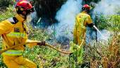 Dos efectivos del Cuerpo de Bomberos de Jaén sofocan las llamas en Puente Jontoya.