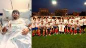 Luis Gutiérrez manda un mensaje de agradecimiento desde el hospital y, a la derecha, los jugadores del Torredonjimeno y el cuadro técnico muestran una camiseta de apoyo.