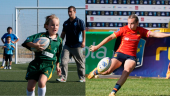 Lea Ducher jugando un partido de rugby durante su época de formación deportiva y durante un partido de rugby con la selección nacional.