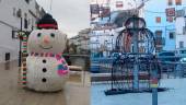 El muñeco de nieve, antes y después de que le prendieran fuego en Cambil. 