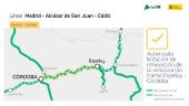 Mapa del plano con la línea ferroviaria entre Espeluy y Córdoba en el que se modificación la señalización del ferrocarril.