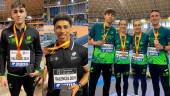 Jesús López y Gerson Izagirre, ya nacionalizado español, posan con sus medallas; Alejandro Ávila, Paula Soria, Elena Hernández y Manuel Bea. / Unicaja.