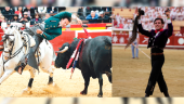 A la izquierda, Andy Cartagena pone una espectacular banderilla en una corrida retrospectiva, junto a Guillermo Hermoso de Mendoza alzando dos orejas y el rabo. 