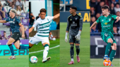 De izquierda a derecha, Carlos Hernández, José Corpas, Juan Palomares y Pepe Sánchez, en partidos con el Ceuta, el Eibar, el Mirandés y el Albacete.