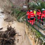 Bomberos retiran un tronco del cauce del río Jaén en Punete Jontoya.