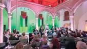 El patio interior de los Baños Árabes, iluminado con los colores palestinos, con un público entregado a los bailarines del Grupo Watani. / Álvaro Guzguti / Diario JAÉN.