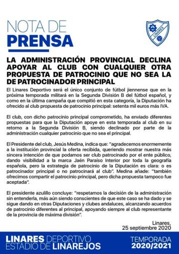 $!La Diputación de Jaén no patrocinará al Linares Deportivo esta temporada