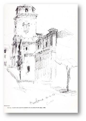 <i>Dibujo de la iglesia Nª Sª de la Inmaculada Concepción (1958) – José Cerezo Moreno – “mis cuadernos de dibujo”. </i>