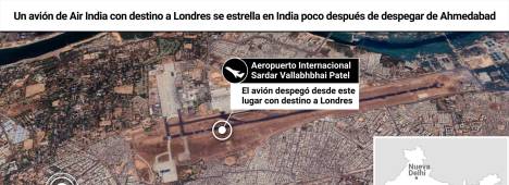 Mapa con localización del avión que se ha estrellado en India. Un avión de Air India que cubría la ruta entre la ciudad india de Ahmedabad y la capital de Reino Unido. / Europa Press. 