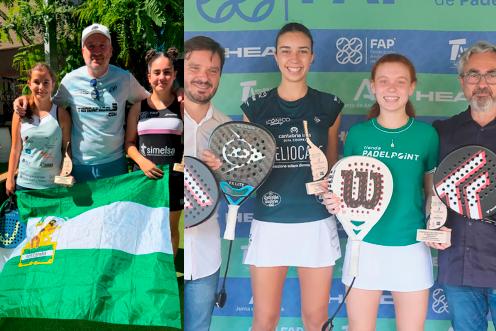 <i>Paula García, Manuel Paulano y Ana Villegas posan con sus tropfeos y la bandera de Andalucía. Al lado, la sevillana Fabiola Polvillo y la mengibareña Gema Calvo.</i>