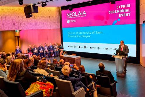 <i>El rector de la Universidad de Jaén, Nicolás Ruiz, durante la reunión sobre NeolaiA. / UJA.</i>