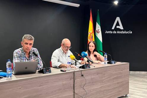 <i>Amador Cámara, Paco González y Sheila Bonoso durante la presentación del balance de la 39 edición de la Feria del Libro de Jaén. / Álvaro Guzguti / Diario JAÉN.</i>