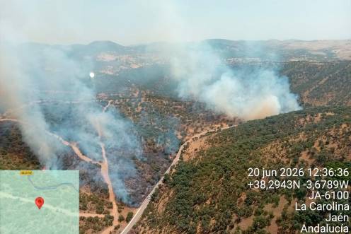 <i>Imagen aérea del incendio forestal declarado en La Carolina. / Infoca. </i>