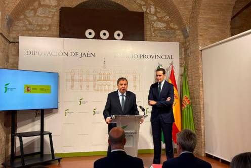<i>Luis Planas, ministro de Agricultura, Pesca y Alimentación del Gobierno de España, junto a Juan Latorre, presidente de la Diputación Provincial de Jaén, presentando los datos del aforo del aceite de oliva en la Diputación de Jaén. / Elisabeth Ruiz / Diario JAÉN. </i>