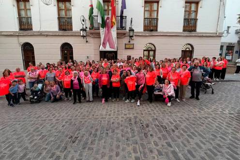 <i>Foto de familia en la fachada del Ayuntamiento de Arjona tras la marcha solidaria contra el cáncer de mama. / Diputación de Jaén. </i>