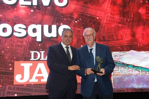 <i>El presidente del Consejo de Administración de DIARIO JAÉN, S. A., Eleuterio Muñoz González, entrega el reconocimiento a Vicente del Bosque González. / Agustín Muñoz / Diario JAÉN.</i>