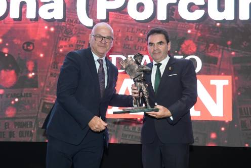 <i>Manuel Fernández, subdelegado del Gobierno central en Jaén, hace entrega del Jiennense del Año en la categoría de Turismo a Miguel Moreno por “La Calderona”. / Agustín Muñoz / Diario JAÉN.</i>