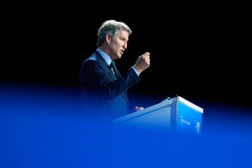 <i>El presidente del PP, Alberto Núñez Feijóo, en la 41 Reunió Cercle d’Economia, en el Palau de Congressos de Catalunya, en Barcelona. / David Zorrakino / Europa Press.</i>