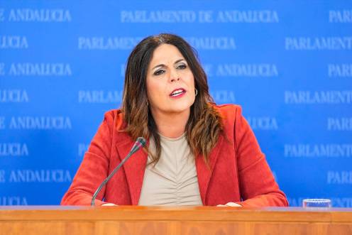 <i>Ángeles Férriz, durante la ronda de ruedas de prensa de portavoces de los grupos parlamentarios en el Parlamento de Andalucía, a 4 de marzo de 2026 en Sevilla. / Joaquín Corchero / Europa Press.</i>