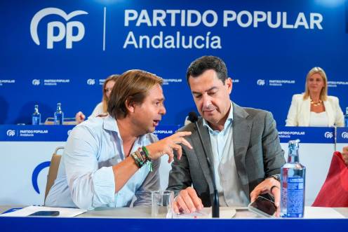 <i>El presidente del PP de Andalucía y de la Junta, Juanma Moreno, y el secretario general del PP andaluz, Antonio Repullo, en la última reunión de la Junta Directiva Autonóminca del PP-A. / Francisco J. Olmo / Europa Press.</i>