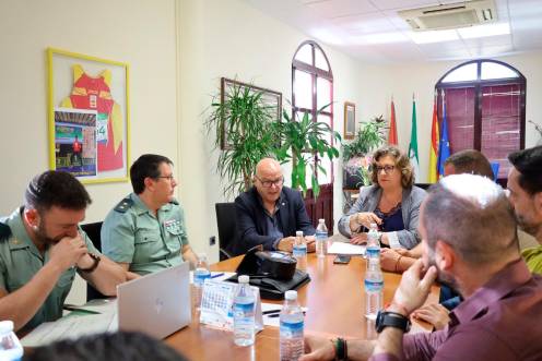<i>Manuel Fernández copreside junto con la alcaldesa de Huelma, Ana María Guzmán, la reunión de la Junta Local de Seguridad para analizar la situación en el municipio. / Subdelegación del Gobierno.</i>
